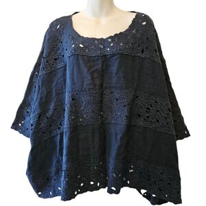 Mes Demoiselles Blue Cotton Top Blouse Embroidered  RAPHAELLE